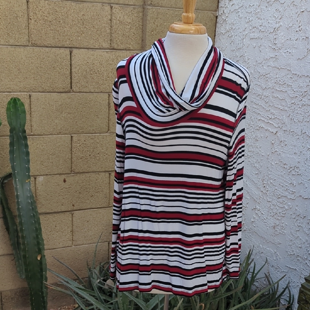 Chico's Zenergy Striped Cowl Neck Sweater - Red, Black & White
